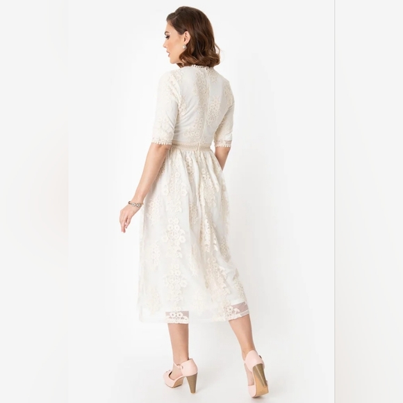 Vintage Style Antique Ivory Embroidered Lace Modest Midi Dress - Picture 4 of 7